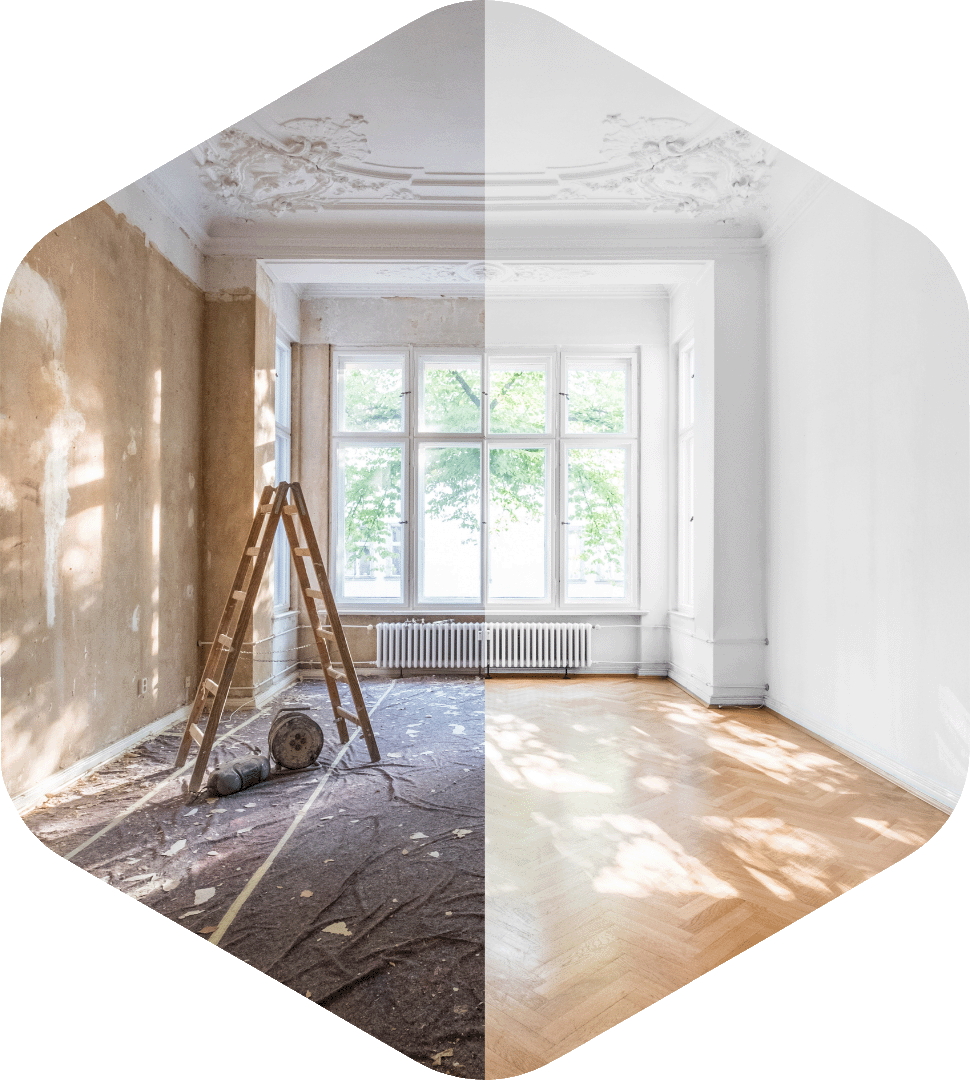 Image de travaux avant/après d'une même pièce d'un bel appartement