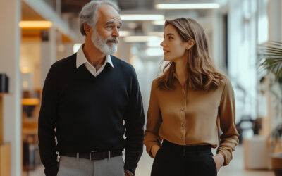 Une fille et son père marchant au sein de l'entreprise familiale