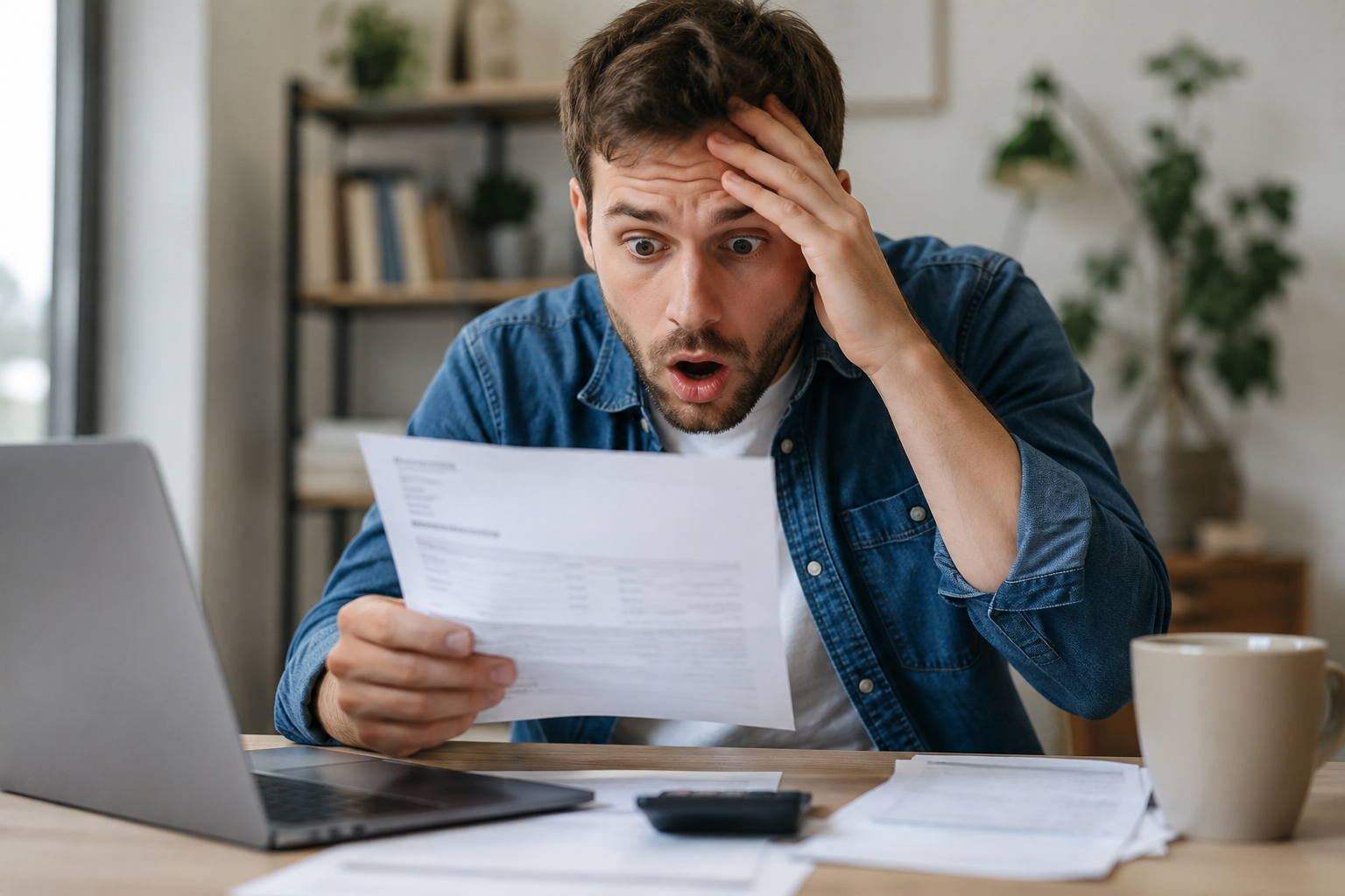 Homme surpris en lisant son avis d'imposition 2026, assis devant un ordinateur portable avec des documents fiscaux sur son bureau