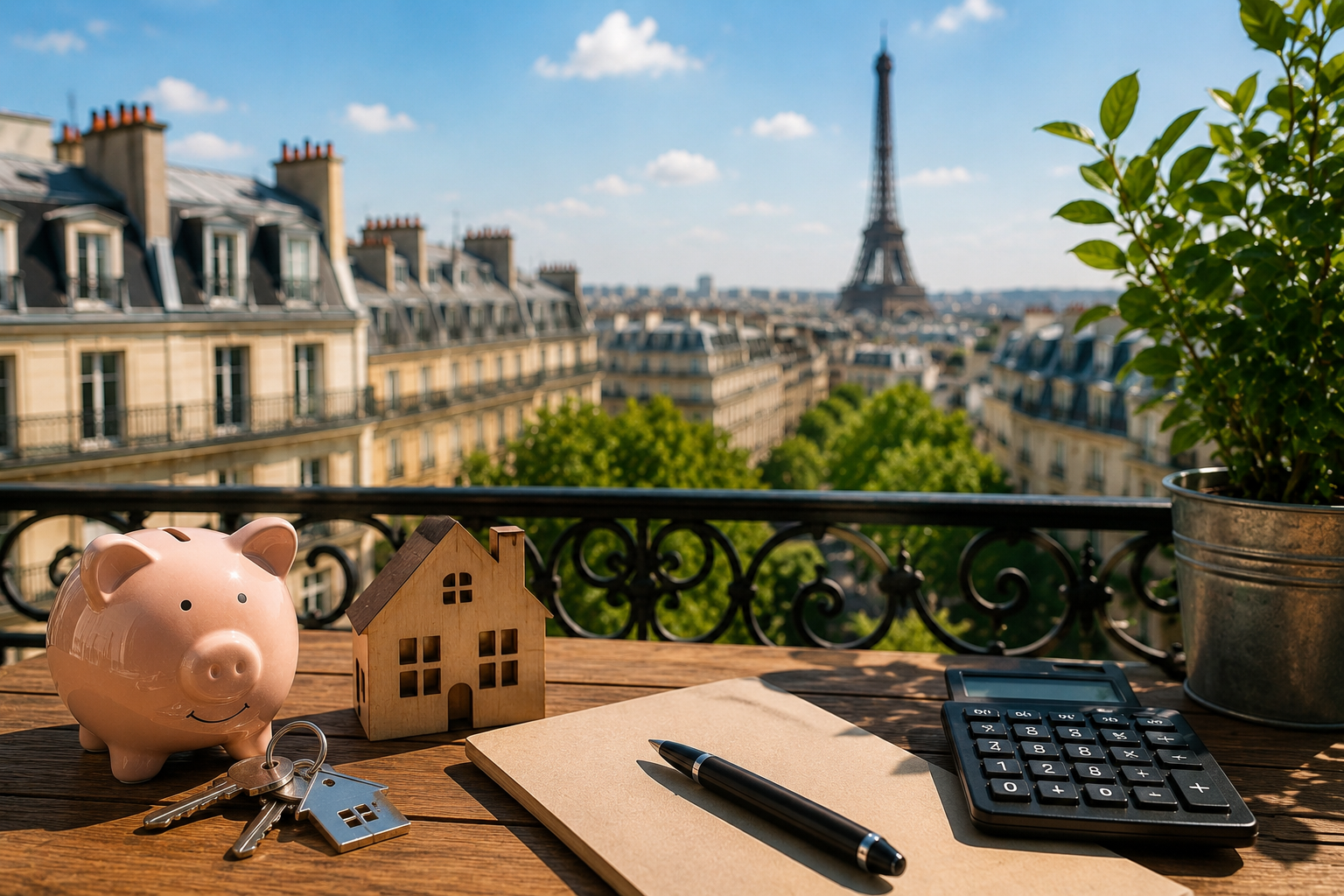 investissement-locatif-paris-premier-achat-immobilier Tirelire, maquette de maison, clés et calculatrice sur une terrasse parisienne avec la Tour Eiffel en arrière-plan, illustrant un projet d'investissement locatif à Paris.
