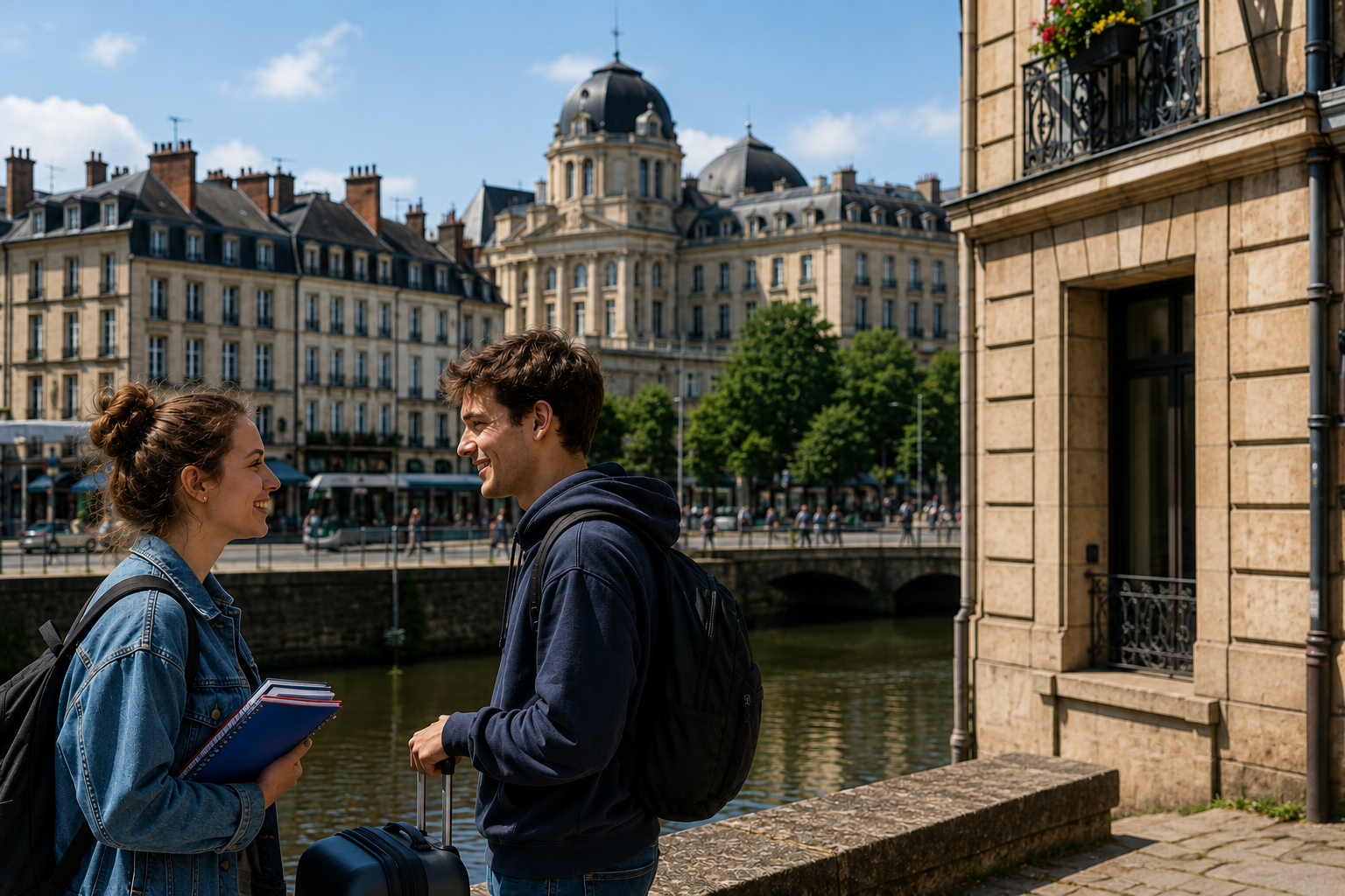 Deux étudiants avec sacs à dos et valise au bord de la Vilaine à Rennes, immeubles haussmanniens en arrière-plan