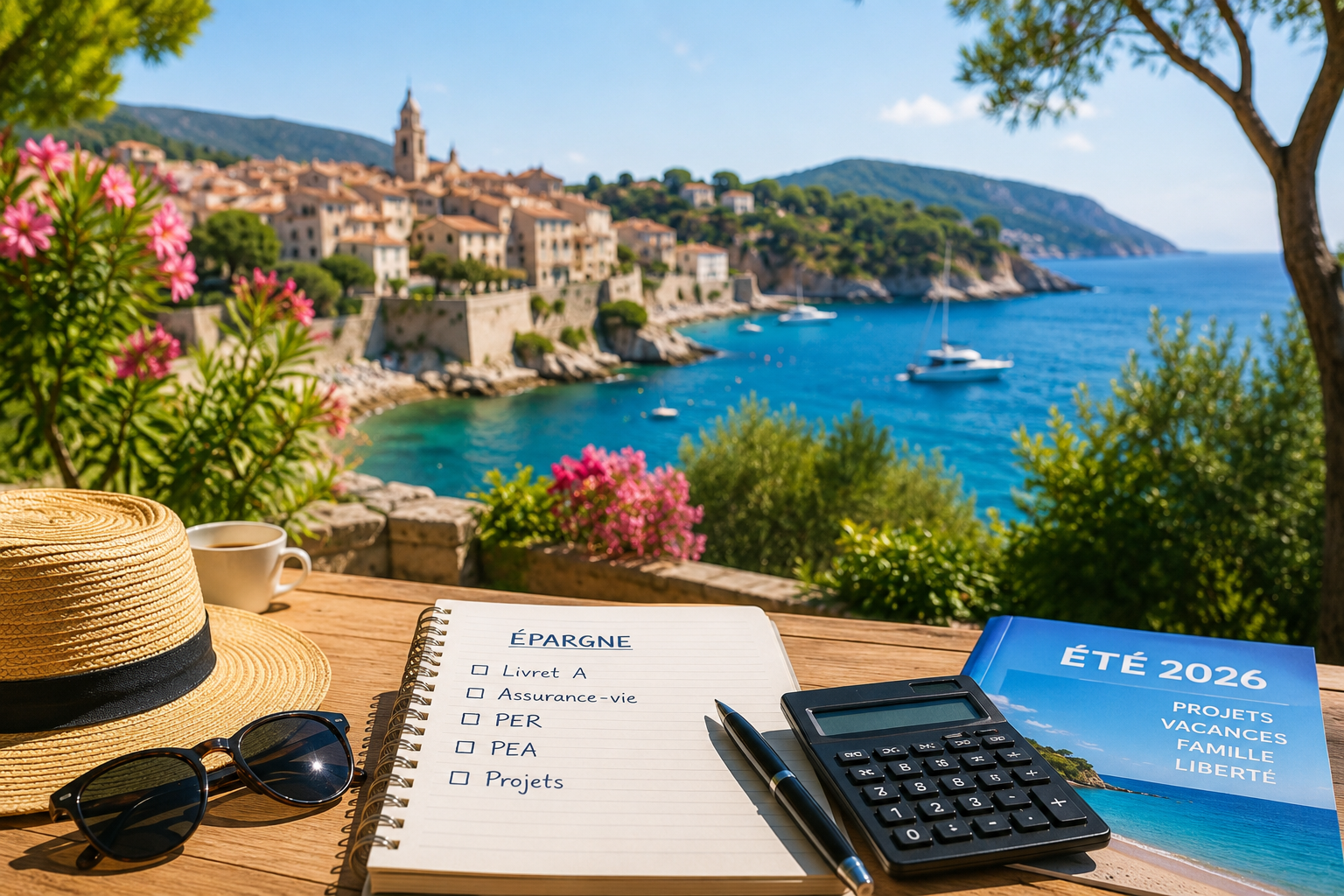 preparer-son-epargne-avant-les-vacances-ete-2026 Carnet de notes, calculatrice et accessoires d'été sur une terrasse en France, symbolisant la préparation de son épargne et de ses placements avant les vacances d'été 2026.