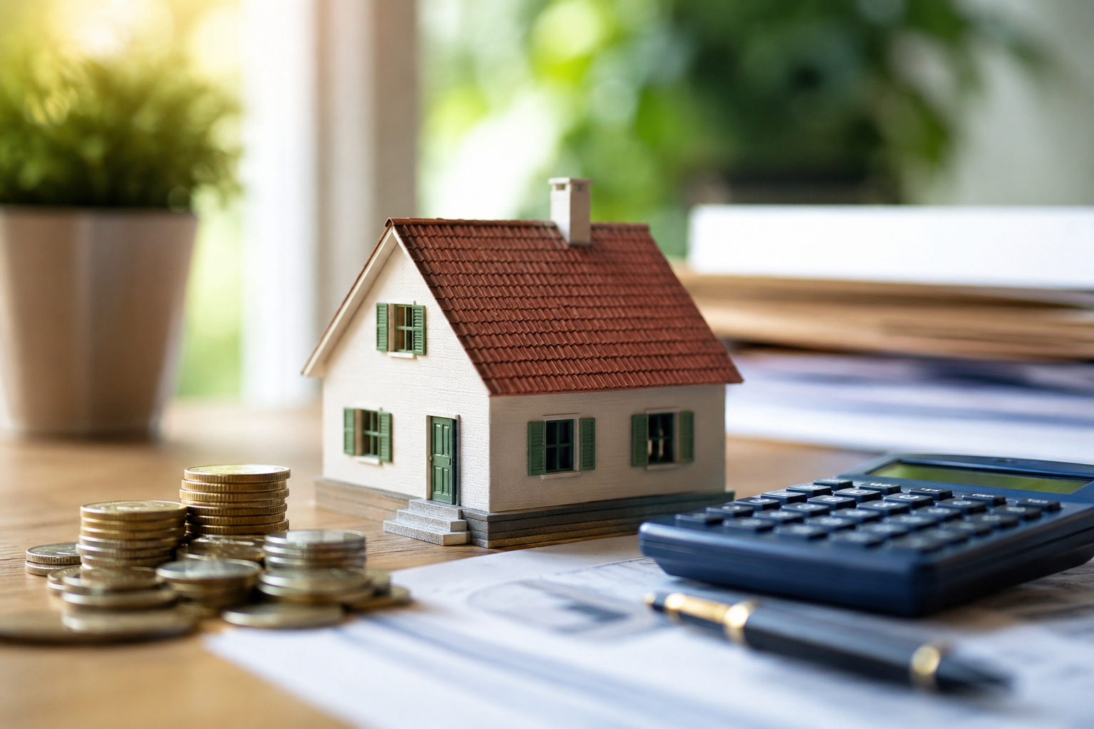 Maquette de maison, clés et plans symbolisant la taxe foncière 2026