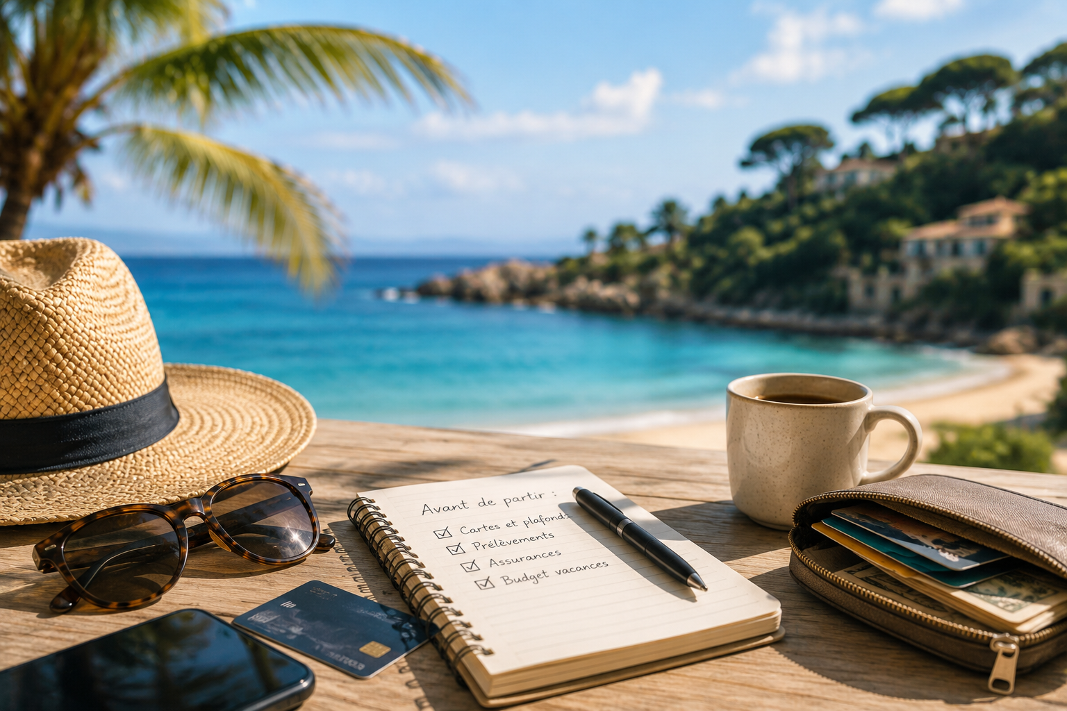 Vacances et patrimoine Chapeau de paille, carnet et tasse de café posés face à la mer, ambiance de vacances d'été
