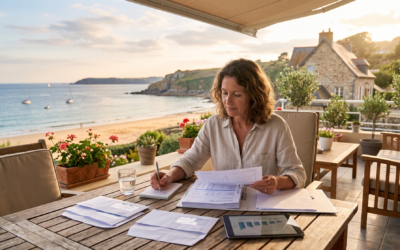 Femme consultant son contrat d'assurance-vie sur un ordinateur portable en terrasse, en été