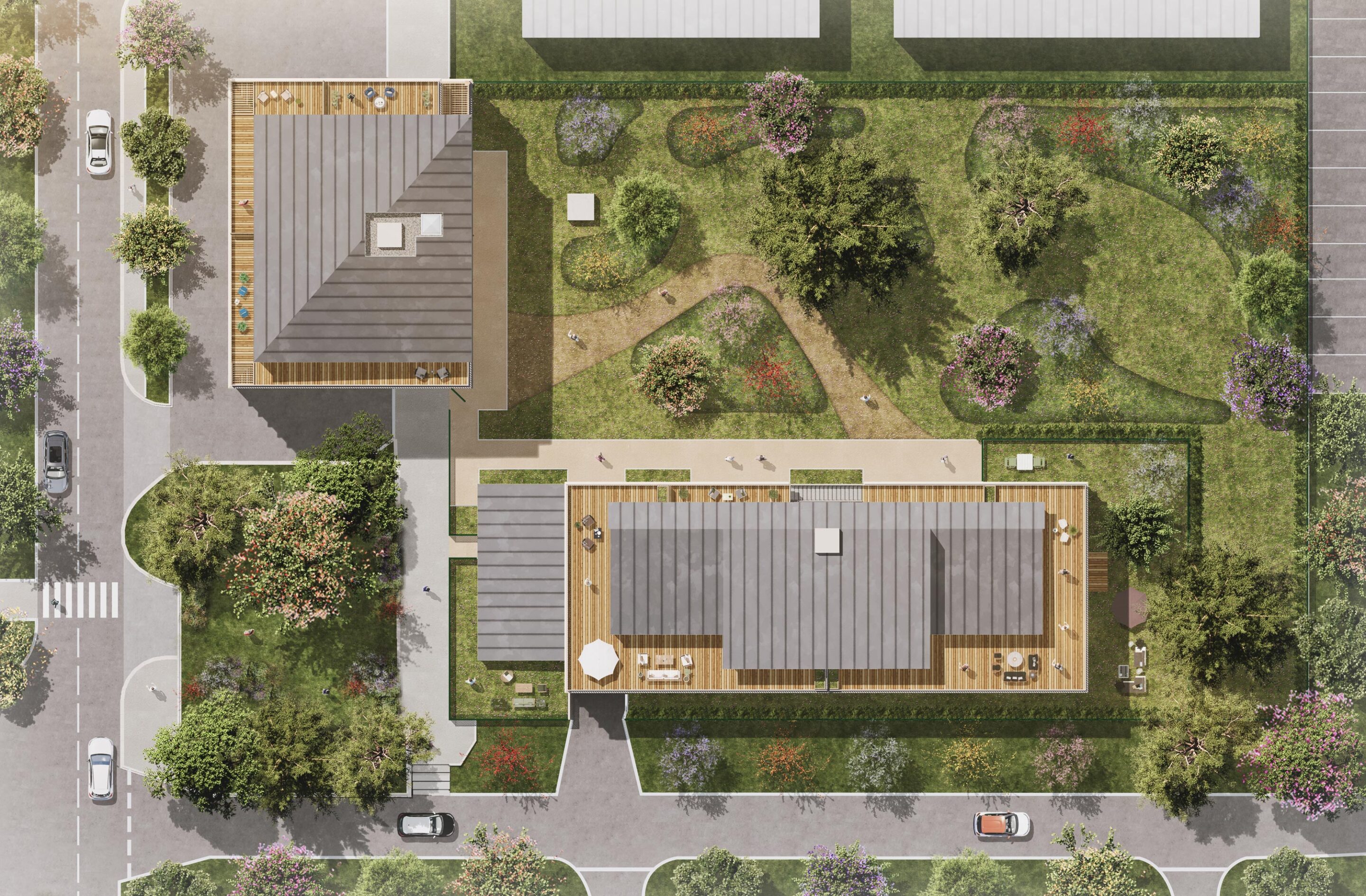 Vue aérienne d'Elisa Garden, deux bâtiments autour d'un jardin